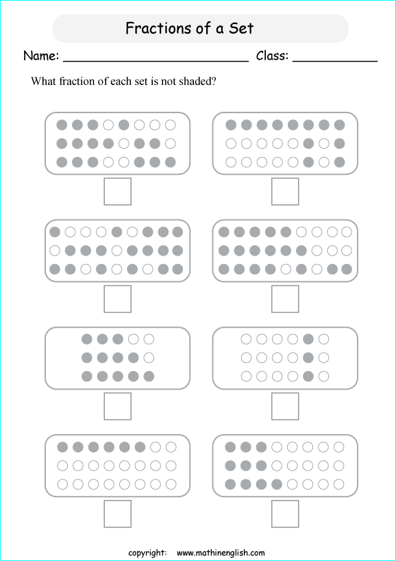 printable fractions of a set worksheets for kids in primary and elementary math class 