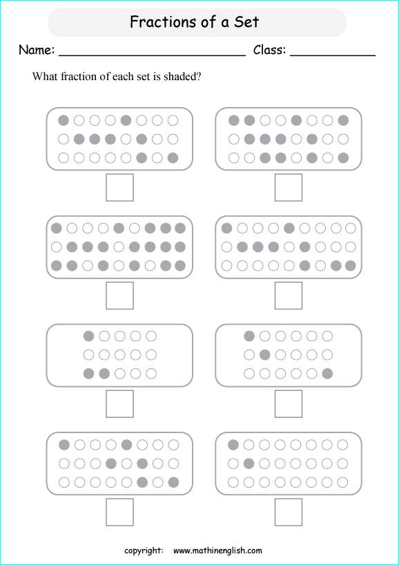 printable fractions of a set worksheets for kids in primary and elementary math class 