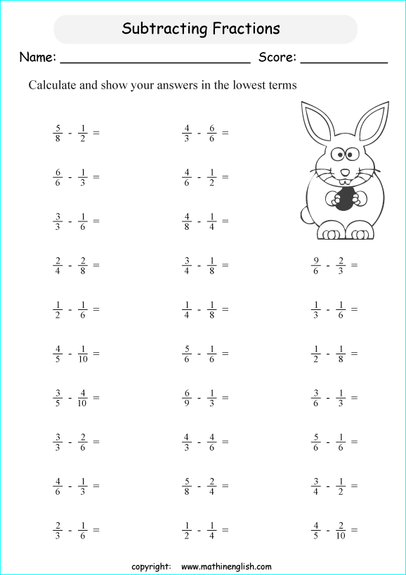subtract-fractions-with-unlike-denominators-that-are-multiples-math-class-4-fraction-worksheet