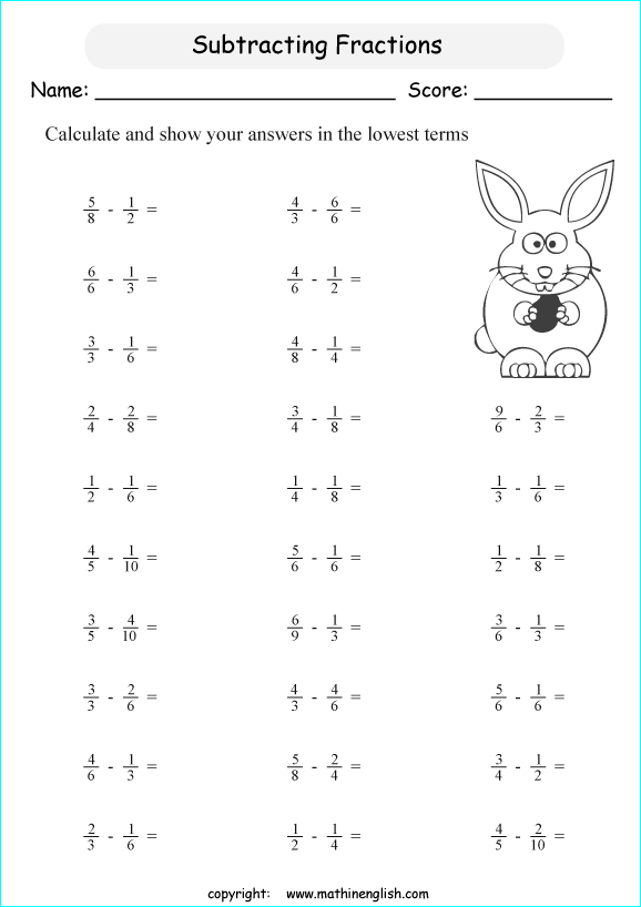 printable math unlike fraction subtraction worksheets for kids in primary and elementary math class 