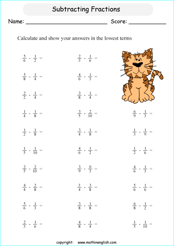 printable math unlike fraction subtraction worksheets for kids in primary and elementary math class 