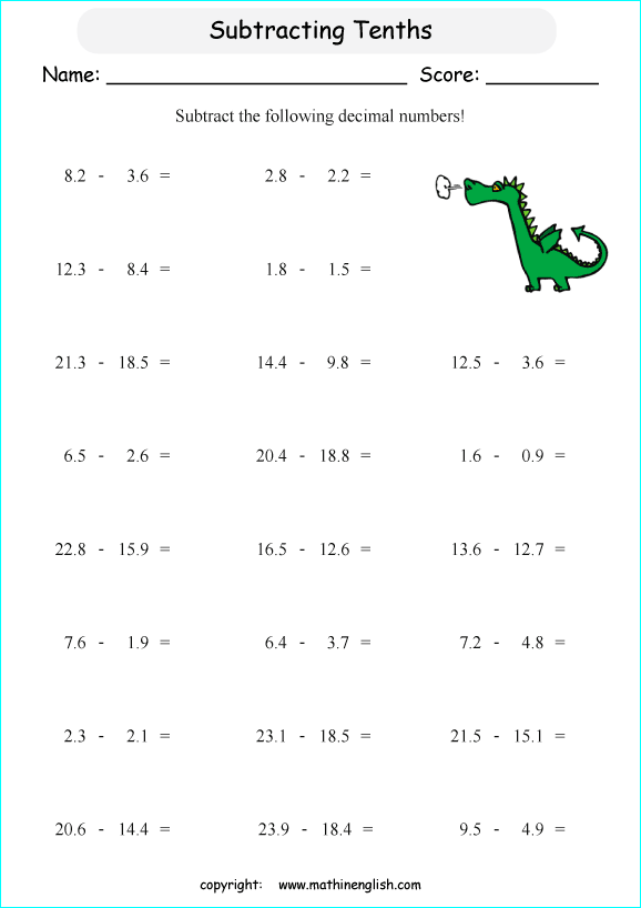 Subtraction of 1 decimal digit numbers, tenths, math worksheet for