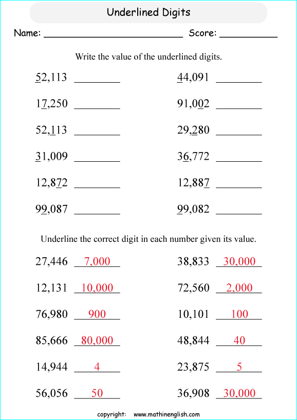 printable math place value of 5 digit number worksheets for kids in primary and elementary math class 