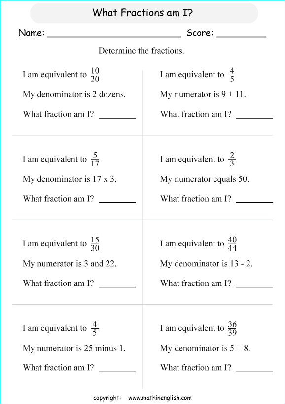 printable equivalent and like fractions worksheets for kids in primary and elementary math class 