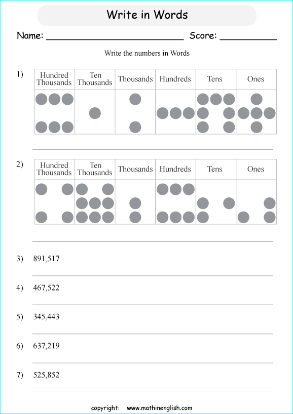 printable math writing and spelling large numbers worksheets