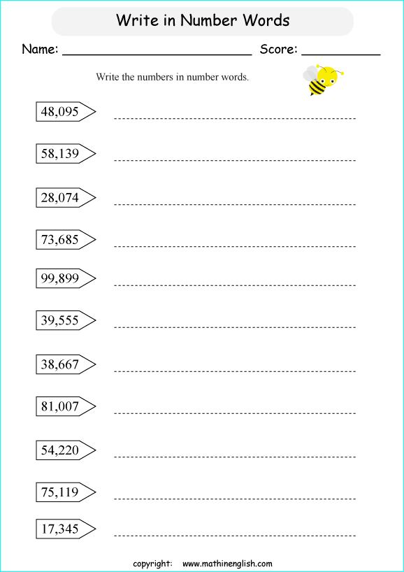 printable math writing and spelling large numbers worksheets