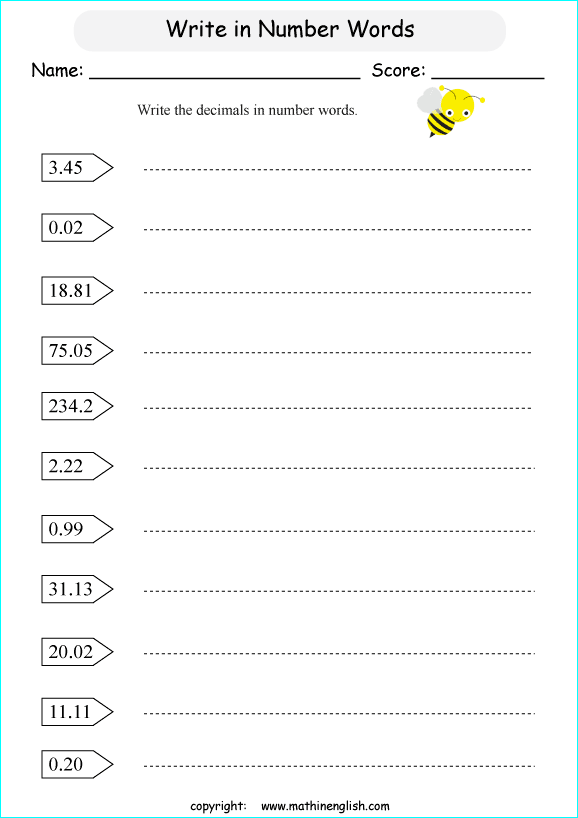 decimal spelling worksheets for grade 1 to 6 