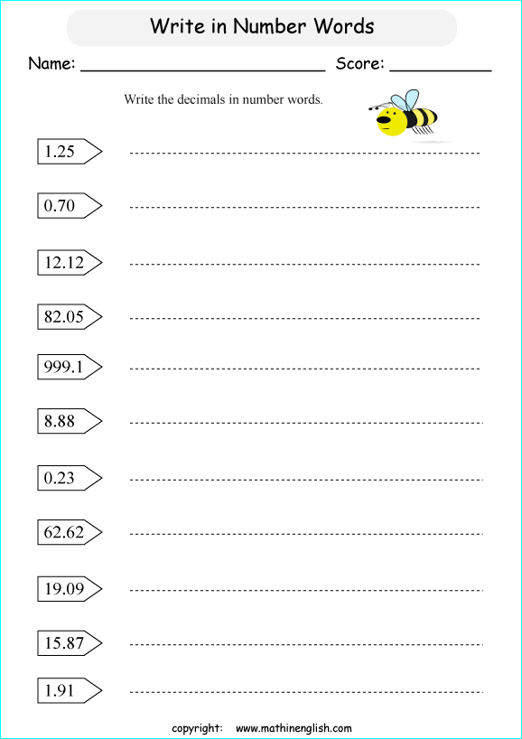 decimal spelling worksheets for grade 1 to 6 