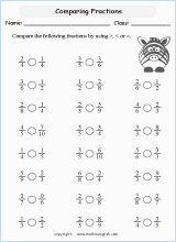 printable comparing and ordering fractions worksheets for kids in primary and elementary math class 