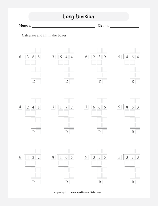 printable math long division worksheets for kids in primary and elementary math class 