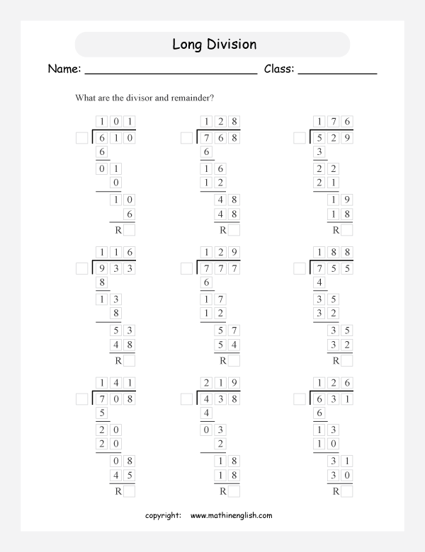 printable math long division worksheets for kids in primary and elementary math class 