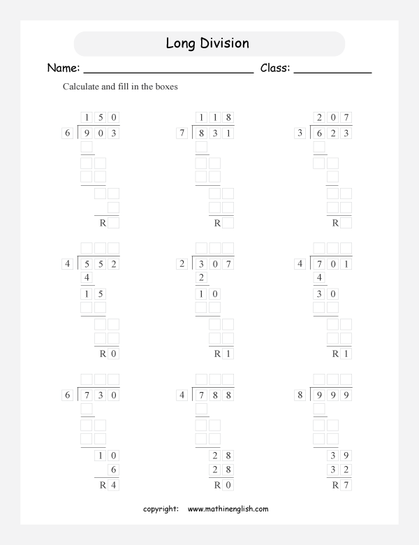 printable math long division worksheets for kids in primary and elementary math class 