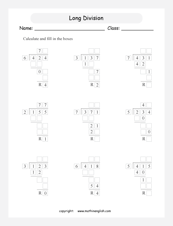 printable math long division worksheets for kids in primary and elementary math class 