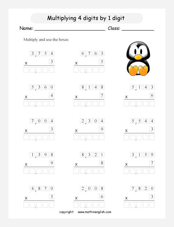 printable math multiplication of big numbers worksheets for kids in primary and elementary math class 