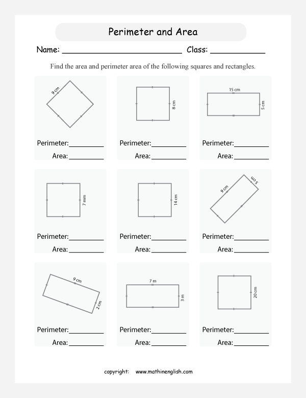 Calculate the perimeter and area of these rectangles and squares. Basic