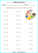 printable adding unlike fractions worksheets for kids in primary and elementary math class 
