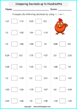 printable comparing and ordering decimals worksheets for kids in primary and elementary math class 