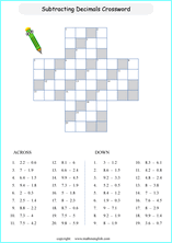 decimal crossword puzzle worksheets for grade 1 to 6 