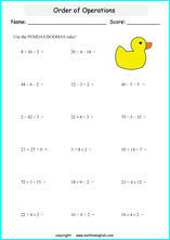 order of operations with positve integers no parentheses worksheets for grade 1 to 6 