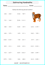 printable math decimal subtraction worksheets for kids in primary and elementary math class 