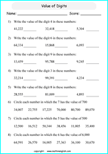 Printable Place Value worksheets and exercises for math grades 1 to 5