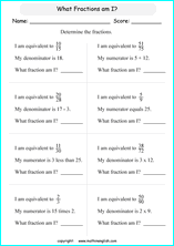 printable equivalent and like fractions worksheets for kids in primary and elementary math class 