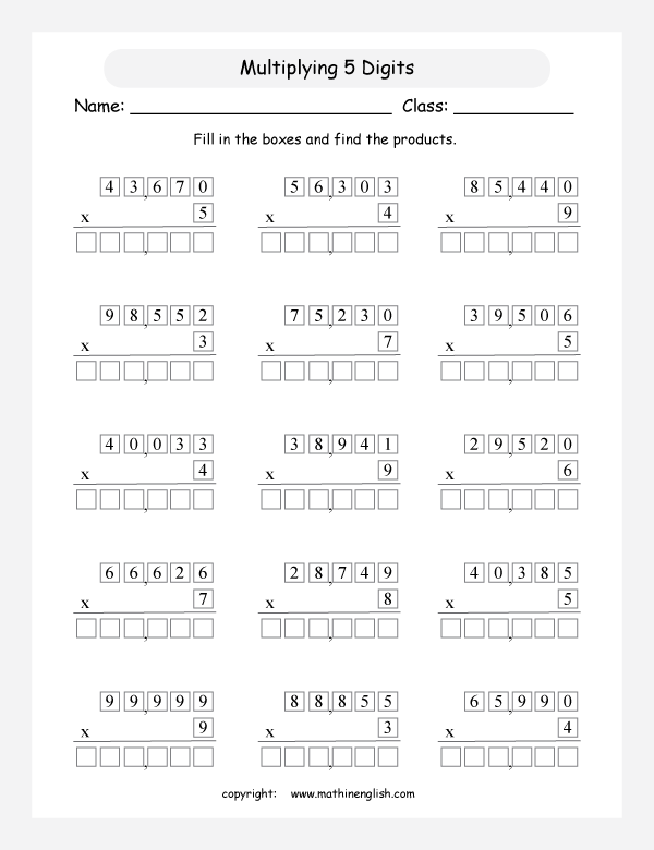 printable math multiplication of big numbers worksheets for kids in primary and elementary math class 