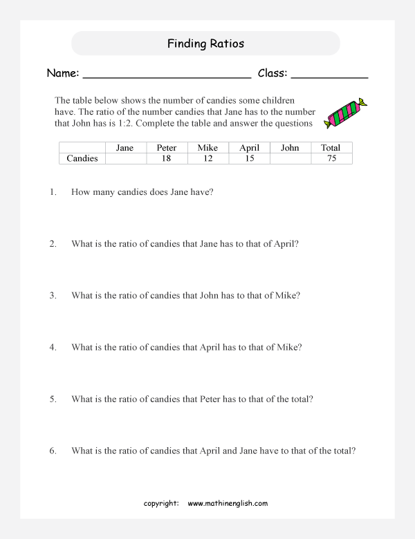 fiding ratios math worksheets for grade 1 to 6 