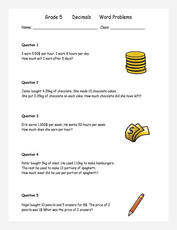 decimal word problems worksheets for grade 1 to 6 