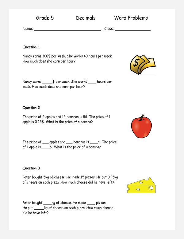 decimal word problems worksheets for grade 1 to 6 