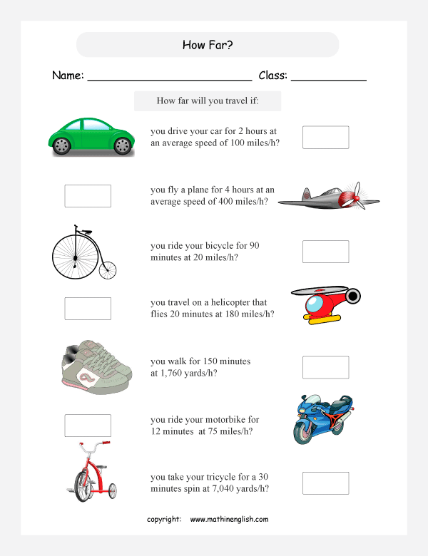 time and distance worksheets for primary math