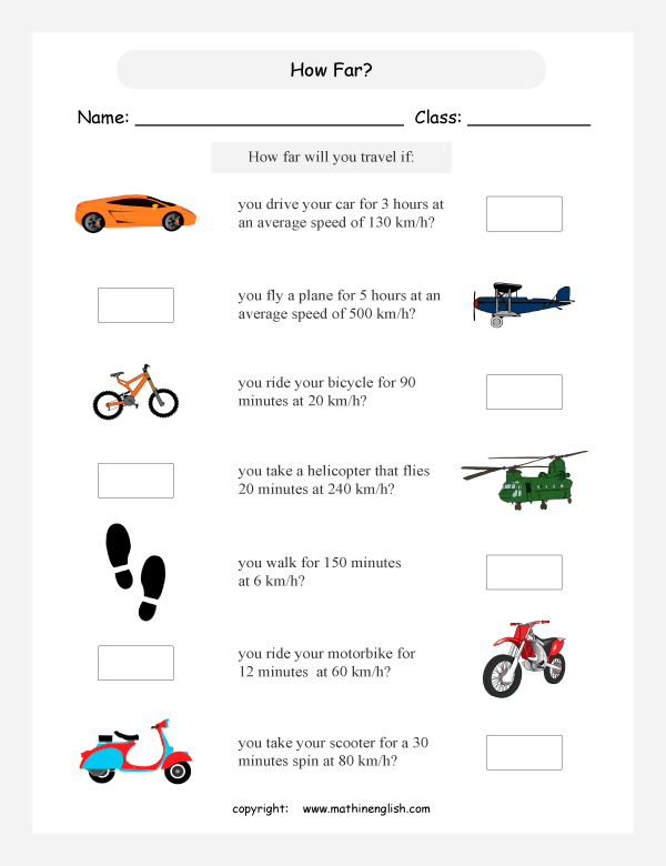 time and distance worksheets for primary math