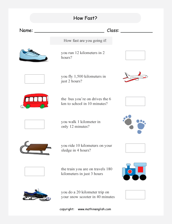 time and distance worksheets for primary math