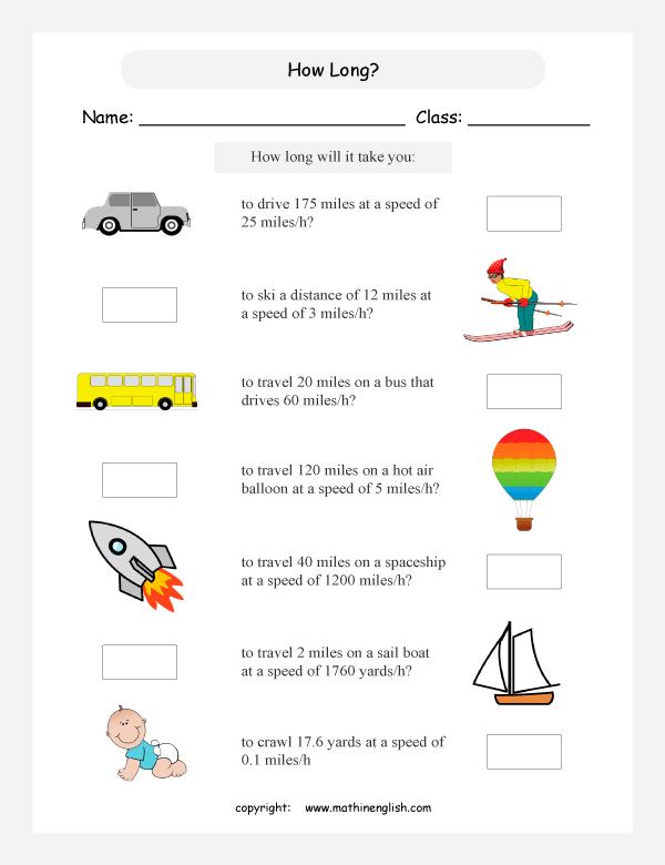 time and distance worksheets for primary math