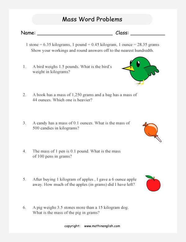 mass and weight word problem worksheets for primary math  