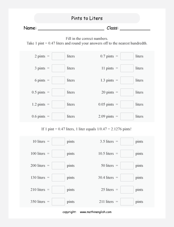 conversion of metric and US units of volume and capacity worksheets for primary math