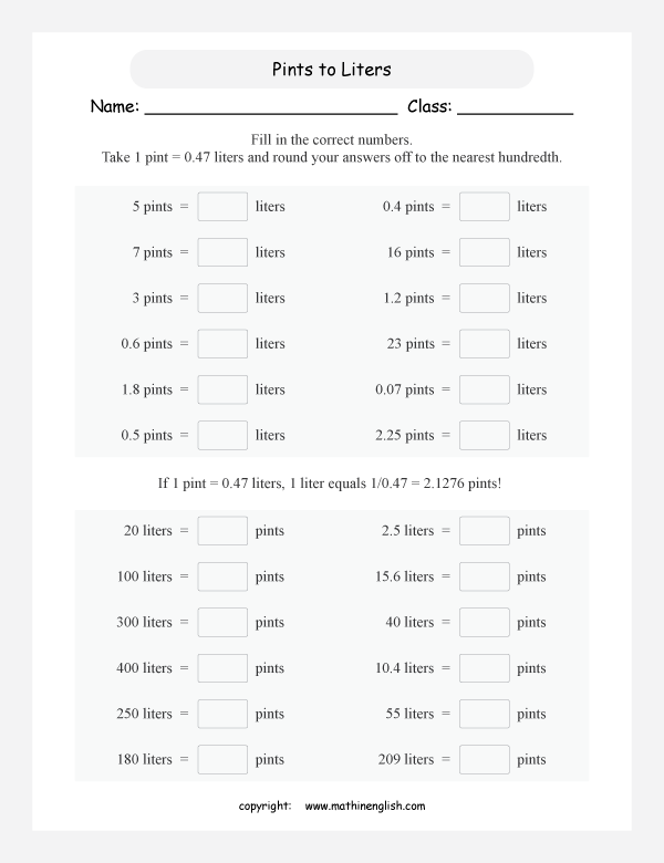 Conversion math worksheet for grade 5 and 6 students involving metric