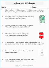 volume and capacity word problems worksheets for primary math