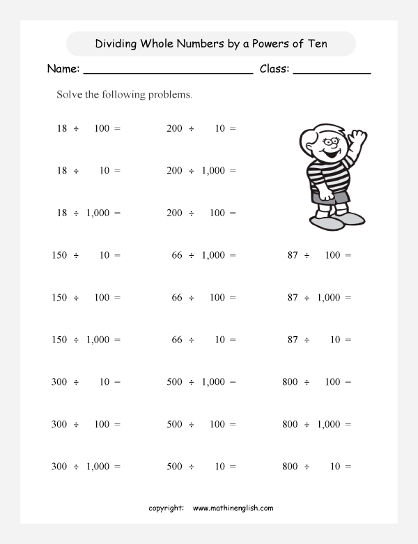 Divide decimal numbers by 10, 100 or 1,000. Great practice worksheet