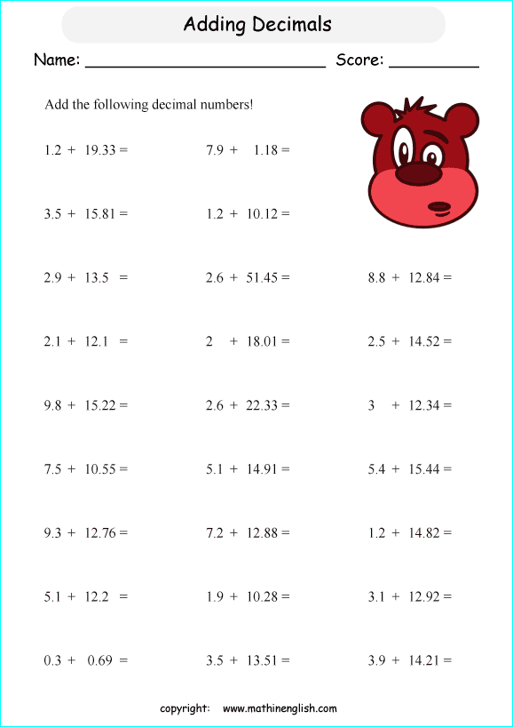 printable adding decimals worksheets for kids in primary and elementary math class 