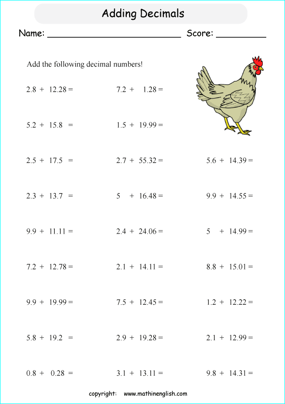 printable adding decimals worksheets for kids in primary and elementary math class 