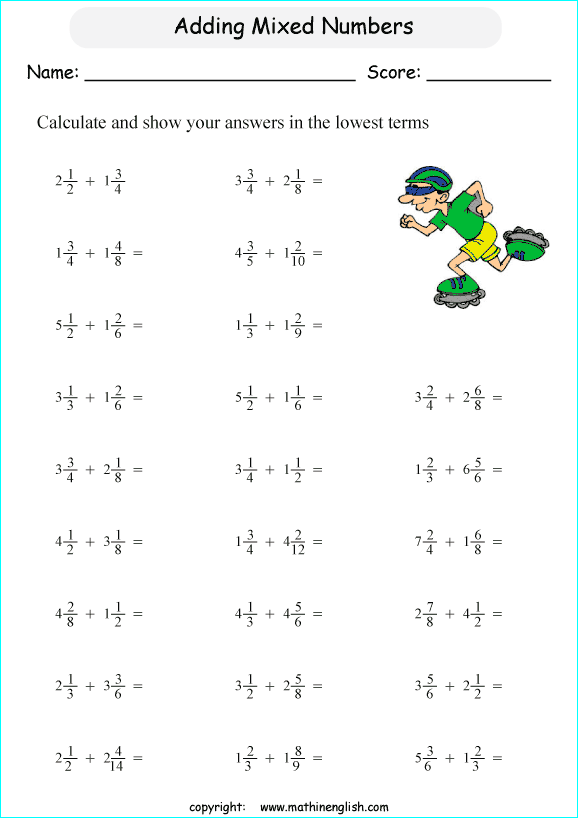 printable math addition unlike fractions worksheets