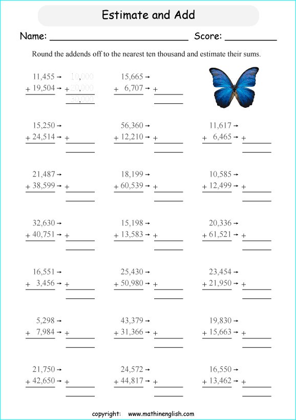 Estimate The Sum Of 2 4 Digit Numbers Up To 100 Grade 4 Estimation And Addition Worksheet That 