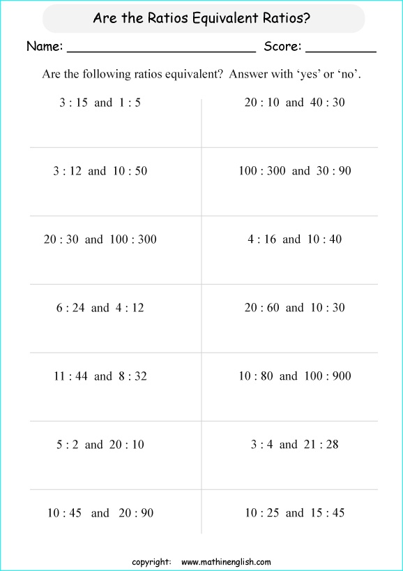 equivalent ratios math worksheets for grade 1 to 6 