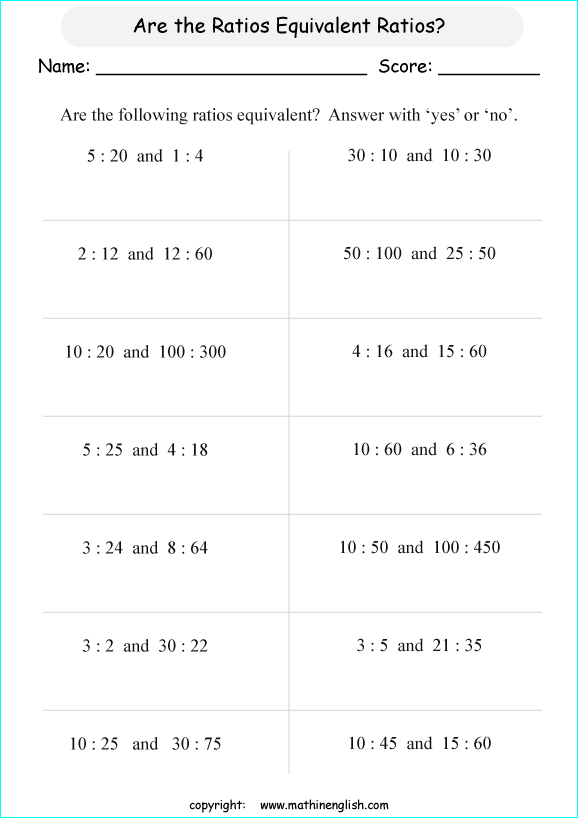 equivalent ratios math worksheets for grade 1 to 6 