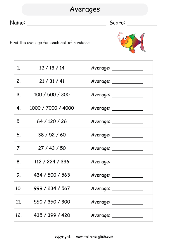 average calculations worksheets for grade 1 to 6 