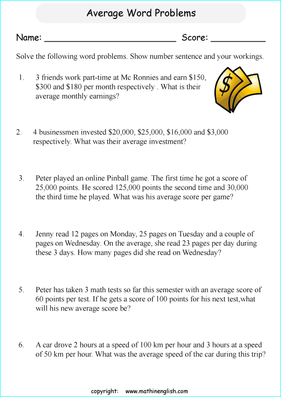 average word problemss worksheets for grade 1 to 6 