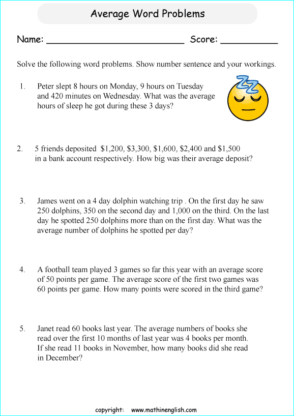 average word problemss worksheets for grade 1 to 6 