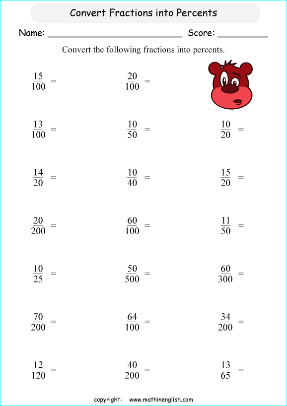 Convert these basic easier fractions into percents math worksheet for