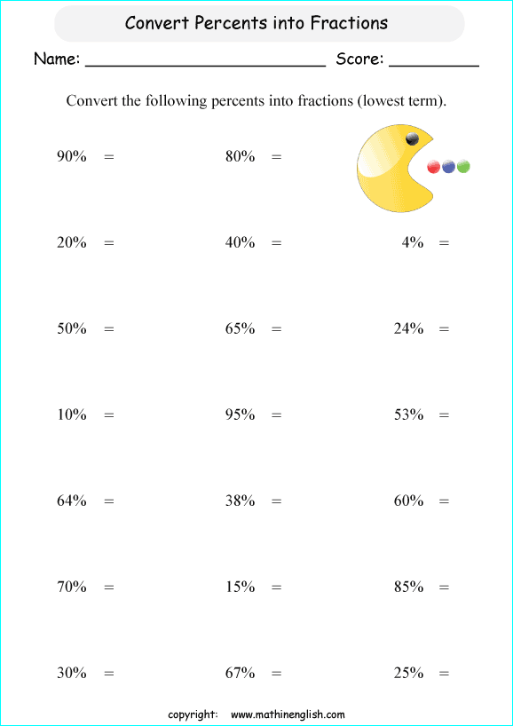 Convert these basic easier percents into basic fractions worksheet for